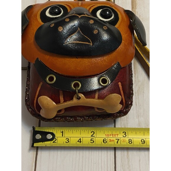 Hand Made Embossed Leather Brown Dog Coin Purse Bull Dog Lover Bone Wristlet - Picture 12 of 16